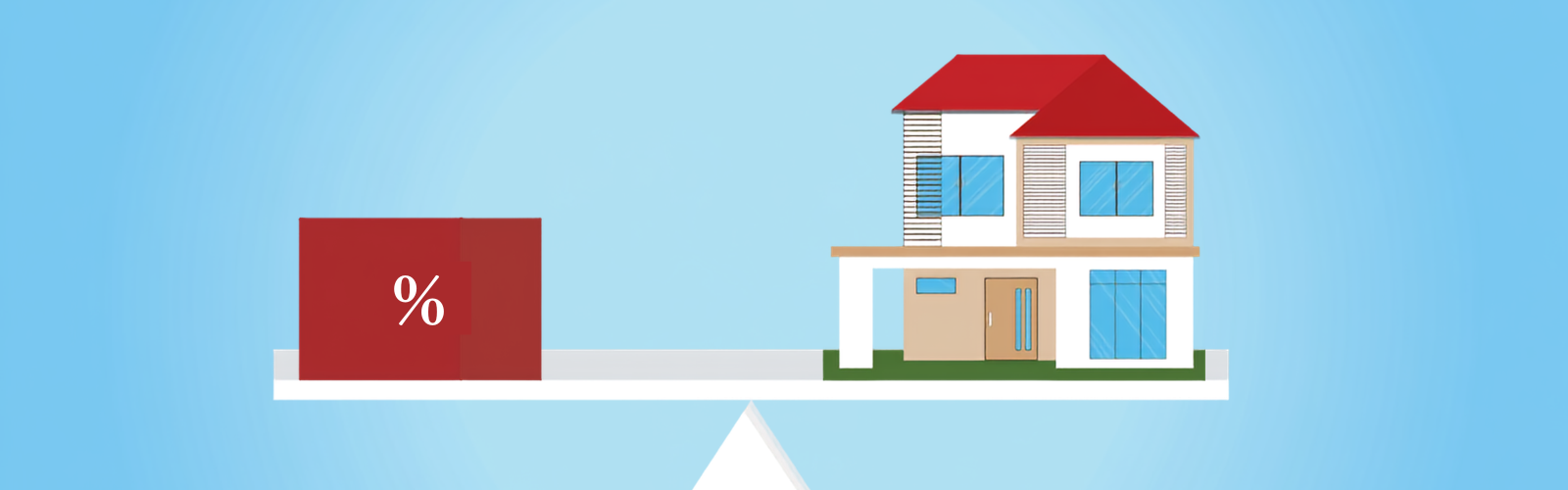Scale balancing a red block with a percent symbol against a modern house, illustrating mortgage rates or value balance.